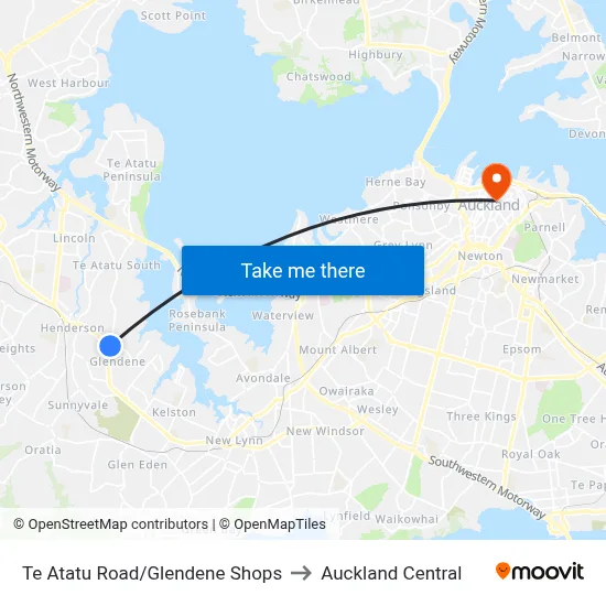 Te Atatu Road/Glendene Shops to Auckland Central map