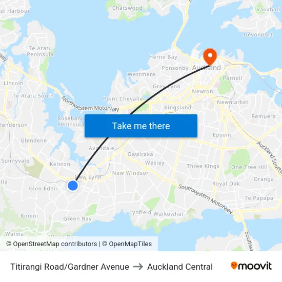Titirangi Road/Gardner Avenue to Auckland Central map