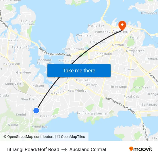 Titirangi Road/Golf Road to Auckland Central map