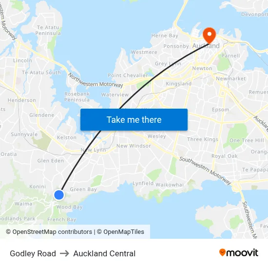 Godley Road to Auckland Central map