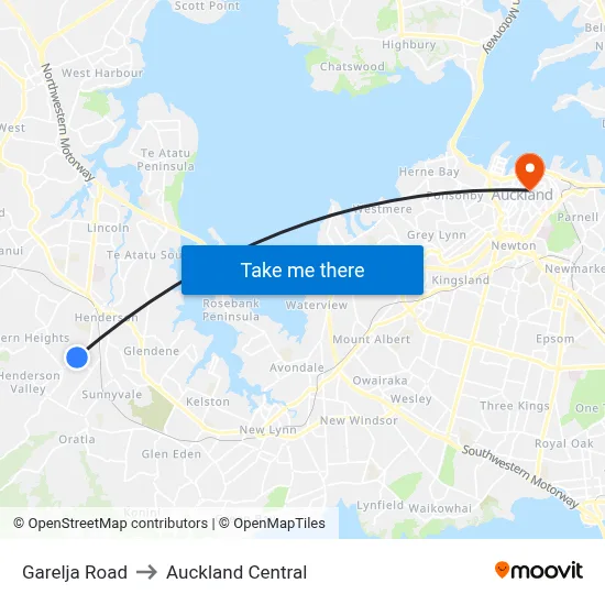 Garelja Road to Auckland Central map