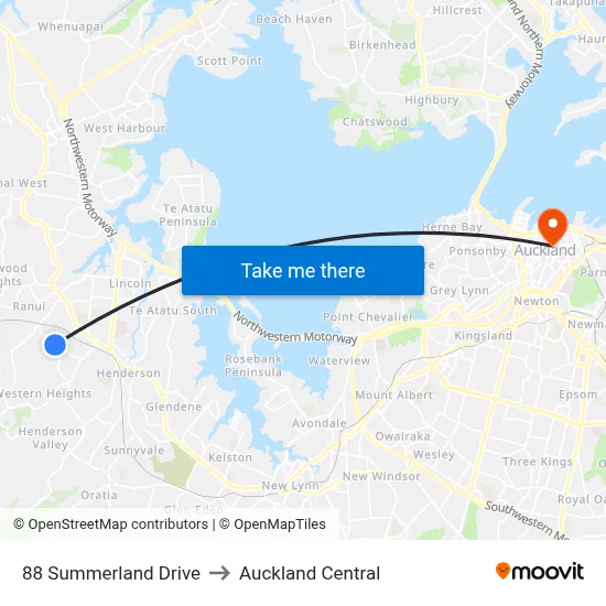 88 Summerland Drive to Auckland Central map