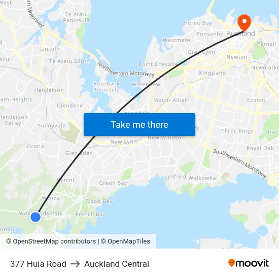 377 Huia Road to Auckland Central map