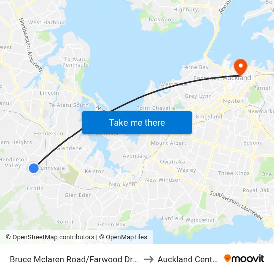 Bruce Mclaren Road/Farwood Drive to Auckland Central map
