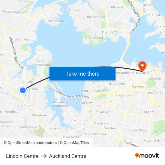 Lincoln Centre to Auckland Central map