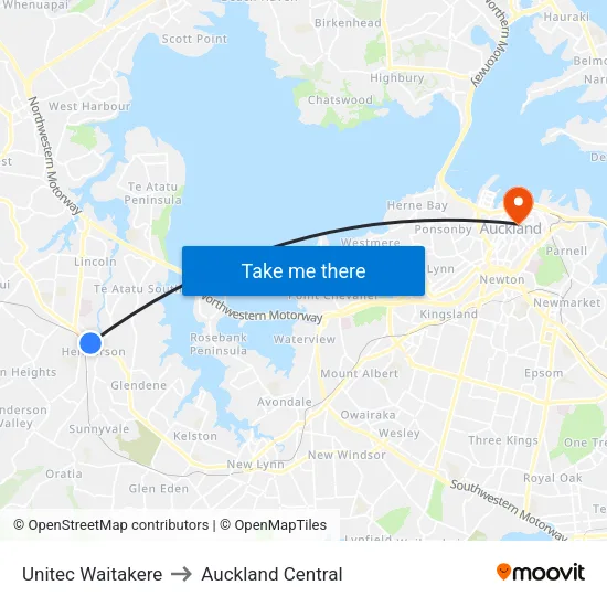 Unitec Waitakere to Auckland Central map