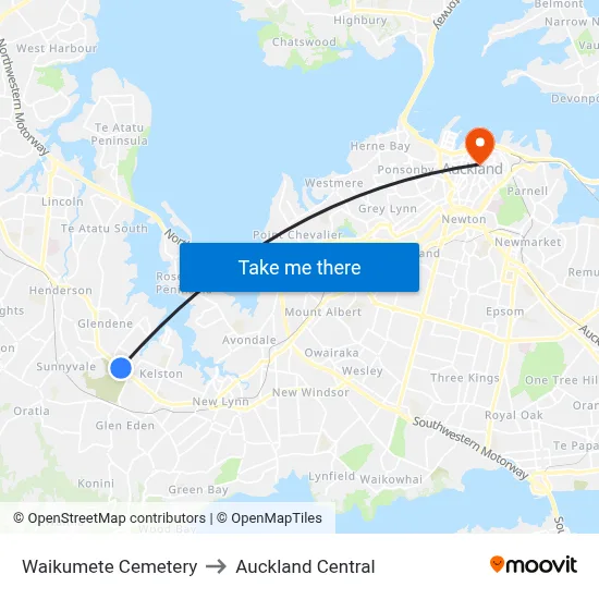 Waikumete Cemetery to Auckland Central map