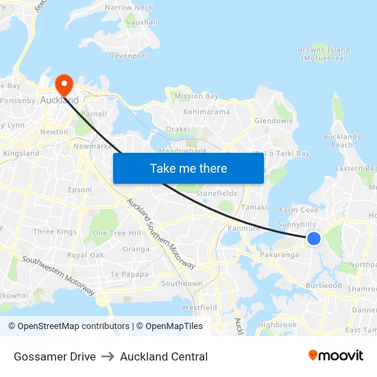Gossamer Drive to Auckland Central map