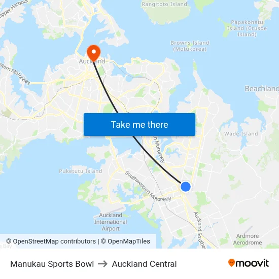 Manukau Sports Bowl to Auckland Central map