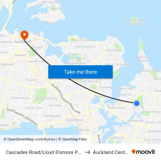 Cascades Road/Lloyd Elsmore Park to Auckland Central map