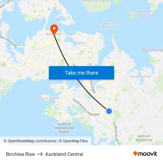 Birchlea Rise to Auckland Central map