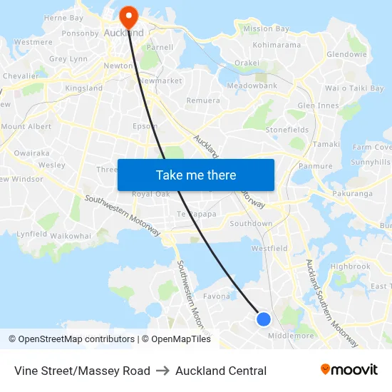 Vine Street/Massey Road to Auckland Central map