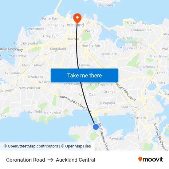 Coronation Road to Auckland Central map