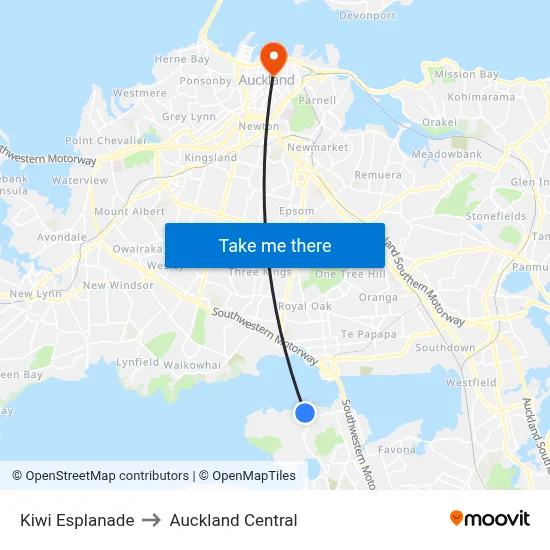 Kiwi Esplanade to Auckland Central map