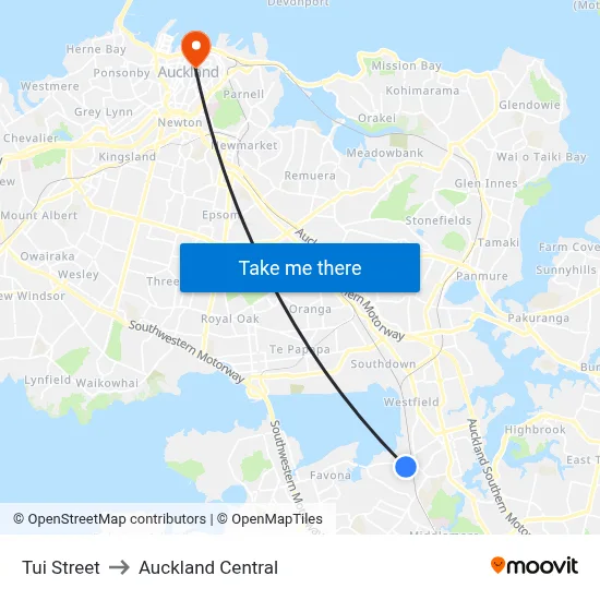 Tui Street to Auckland Central map