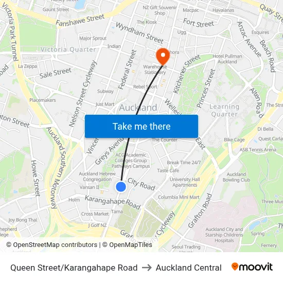Queen Street/Karangahape Road to Auckland Central map
