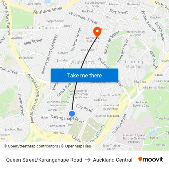 Queen Street/Karangahape Road to Auckland Central map