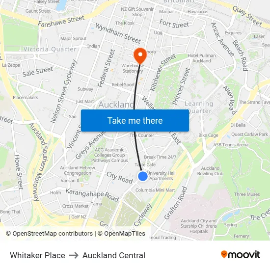Whitaker Place to Auckland Central map