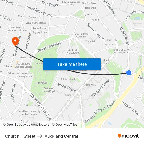 Churchill Street to Auckland Central map