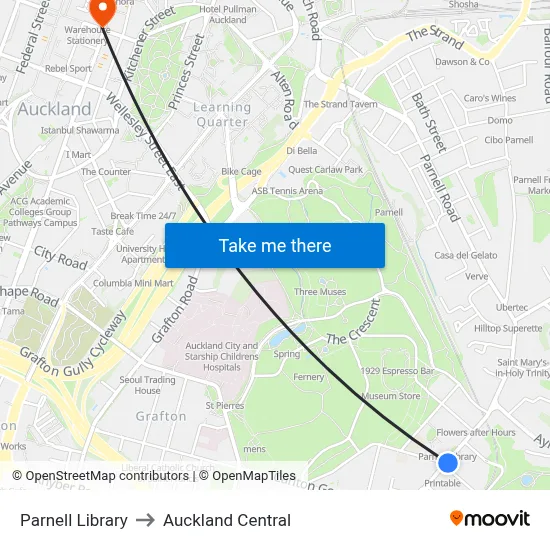 Parnell Library to Auckland Central map