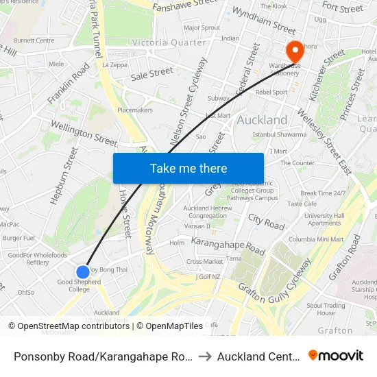 Ponsonby Road/Karangahape Road to Auckland Central map