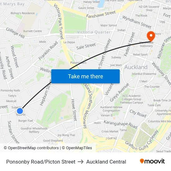 Ponsonby Road/Picton Street to Auckland Central map