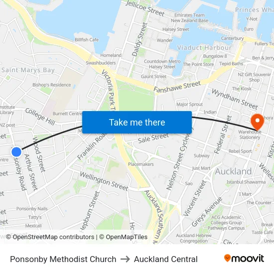 Ponsonby Methodist Church to Auckland Central map