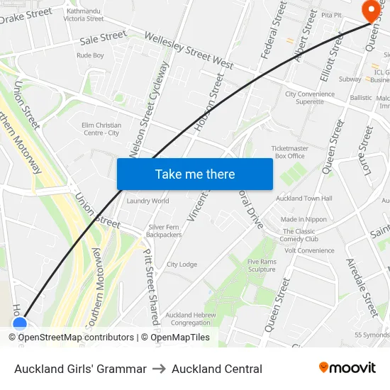 Auckland Girls' Grammar to Auckland Central map