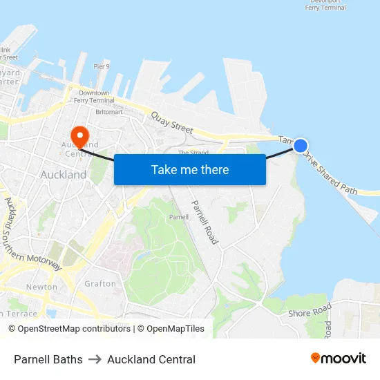 Parnell Baths to Auckland Central map