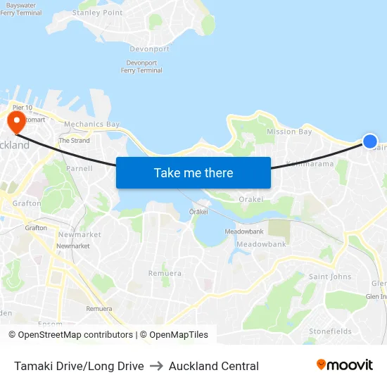 Tamaki Drive/Long Drive to Auckland Central map