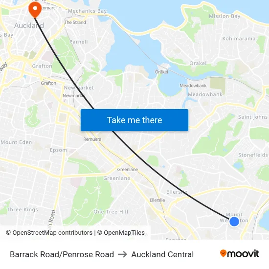 Barrack Road/Penrose Road to Auckland Central map