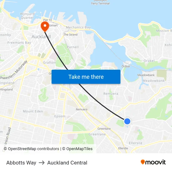 Abbotts Way to Auckland Central map