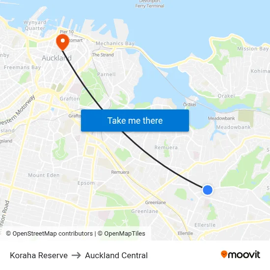 Koraha Reserve to Auckland Central map