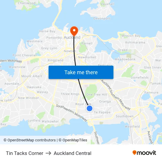 Tin Tacks Corner to Auckland Central map