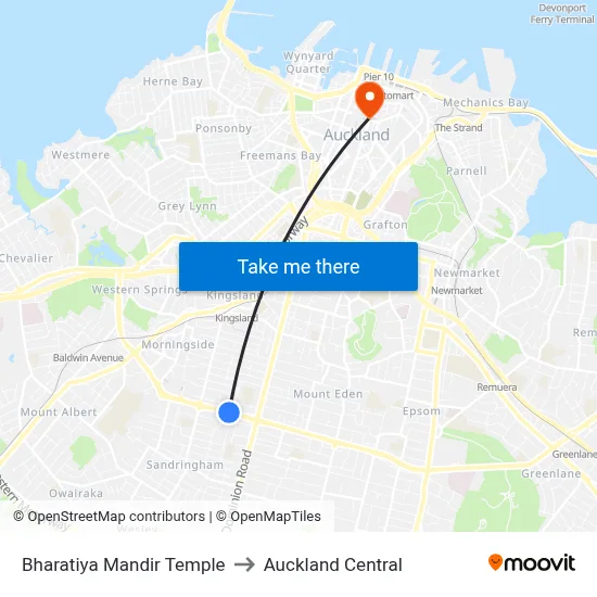 Bharatiya Mandir Temple to Auckland Central map