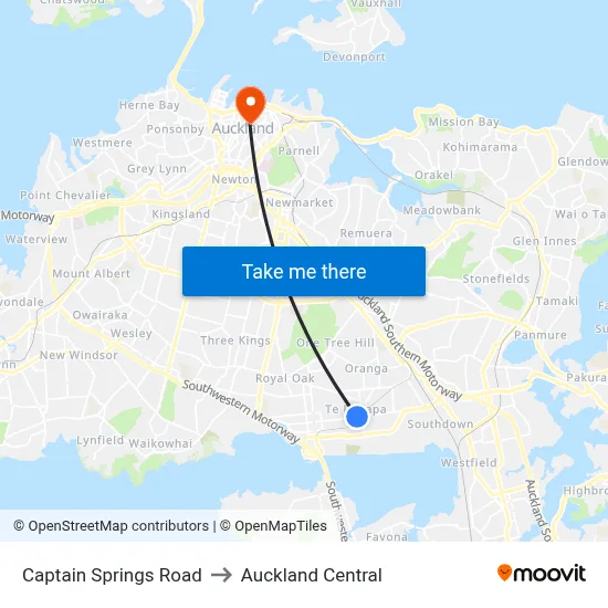 Captain Springs Road to Auckland Central map