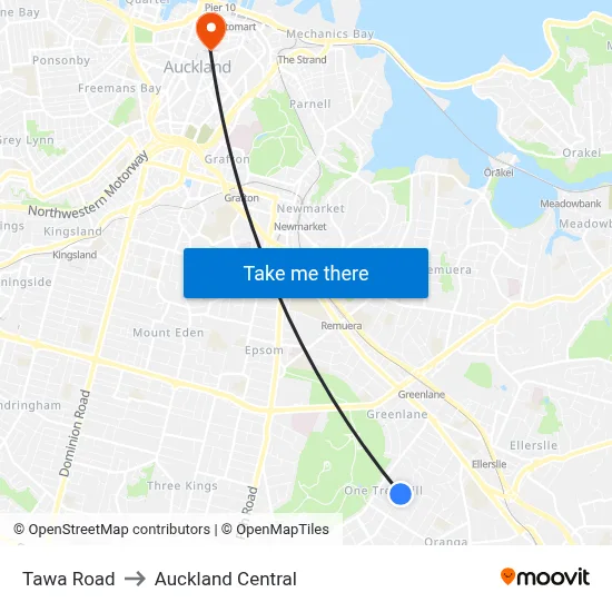 Tawa Road to Auckland Central map