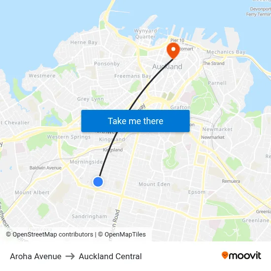 Aroha Avenue to Auckland Central map