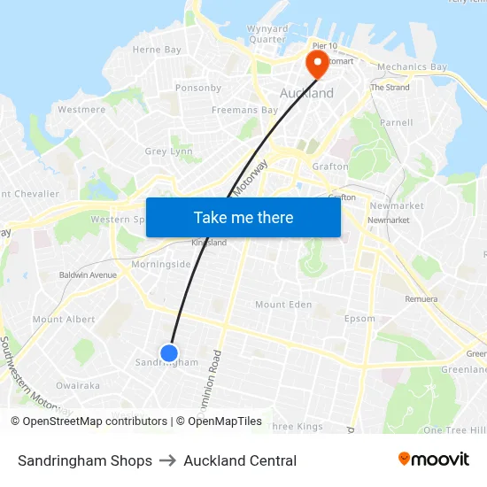 Sandringham Shops to Auckland Central map