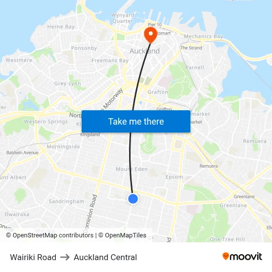 Wairiki Road to Auckland Central map