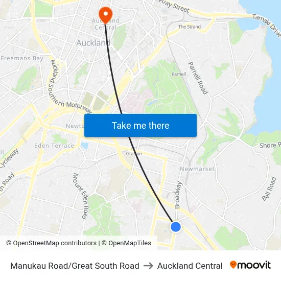 Manukau Road/Great South Road to Auckland Central map