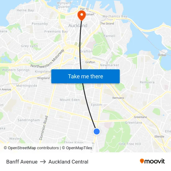 Banff Avenue to Auckland Central map