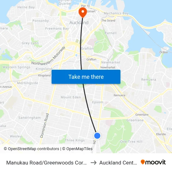 Manukau Road/Greenwoods Corner to Auckland Central map
