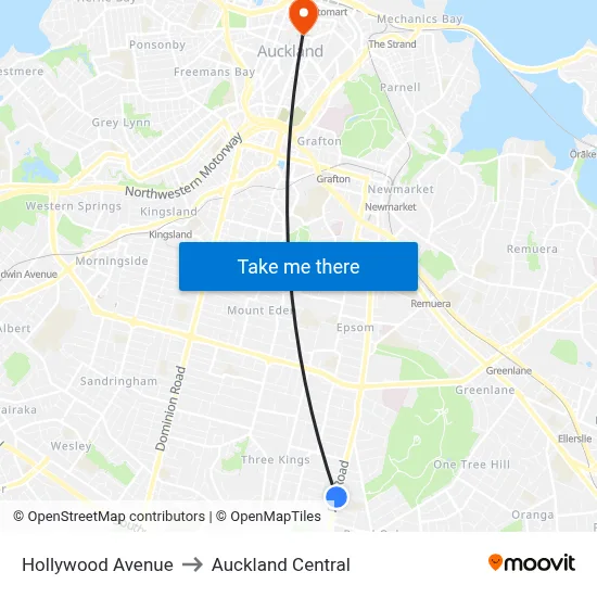 Hollywood Avenue to Auckland Central map