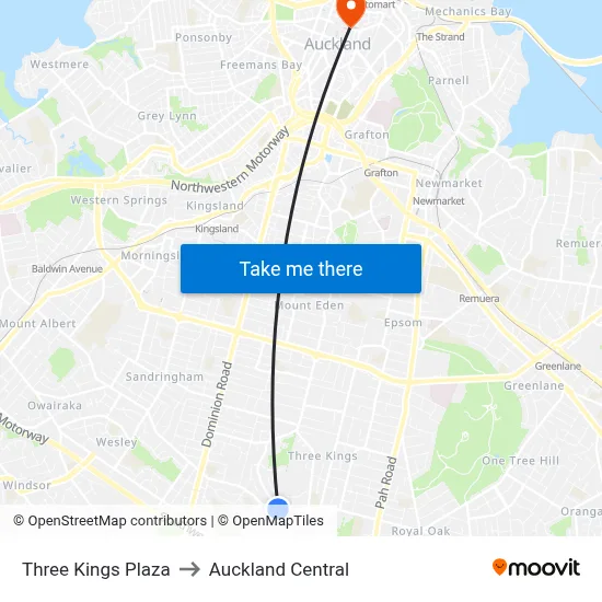 Three Kings Plaza to Auckland Central map
