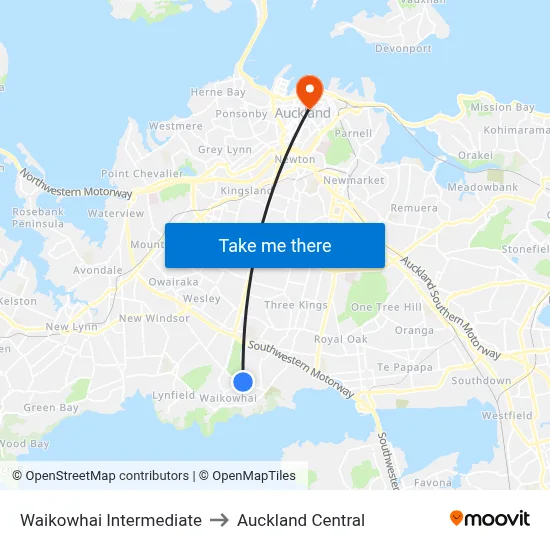 Waikowhai Intermediate to Auckland Central map