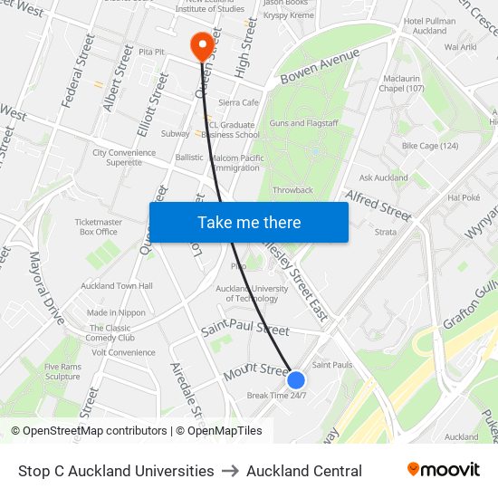 Stop C Auckland Universities to Auckland Central map