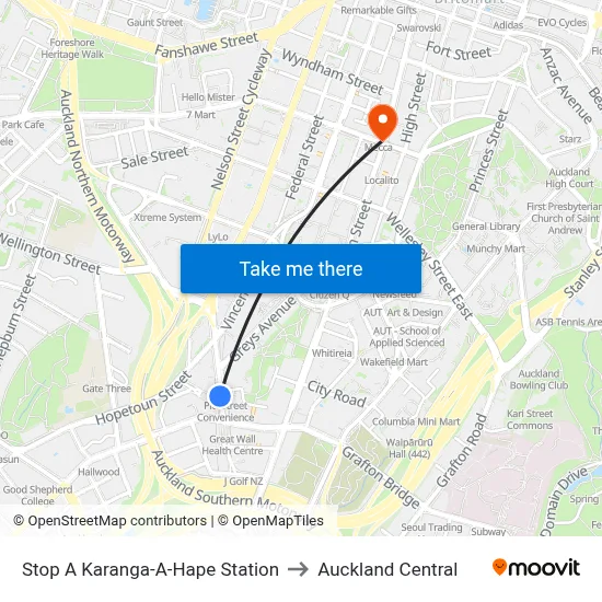 Stop A Karanga-A-Hape Station to Auckland Central map