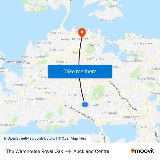 The Warehouse Royal Oak to Auckland Central map