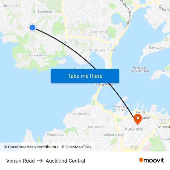Verran Road to Auckland Central map